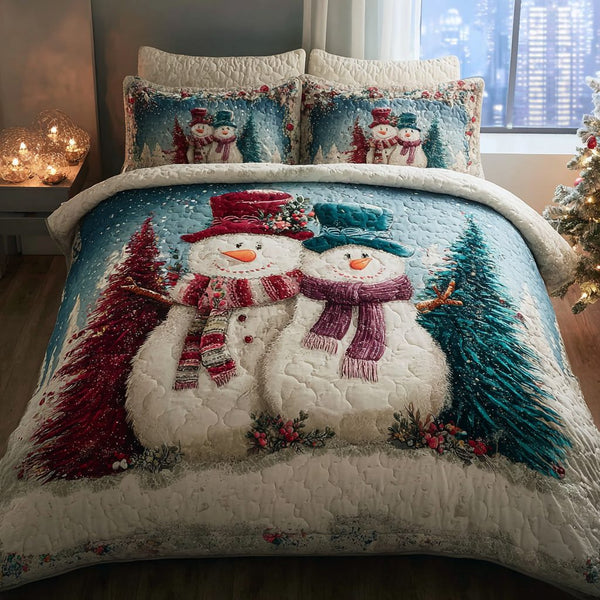 Snowman Joy quilted 3-piece bedding set on a made bed in a winter-styled bedroom