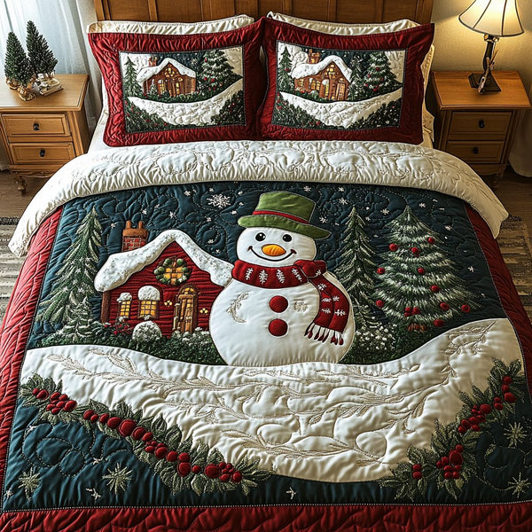 Snowman Joy quilted 3-piece bedding set on a made bed in a winter-styled bedroom