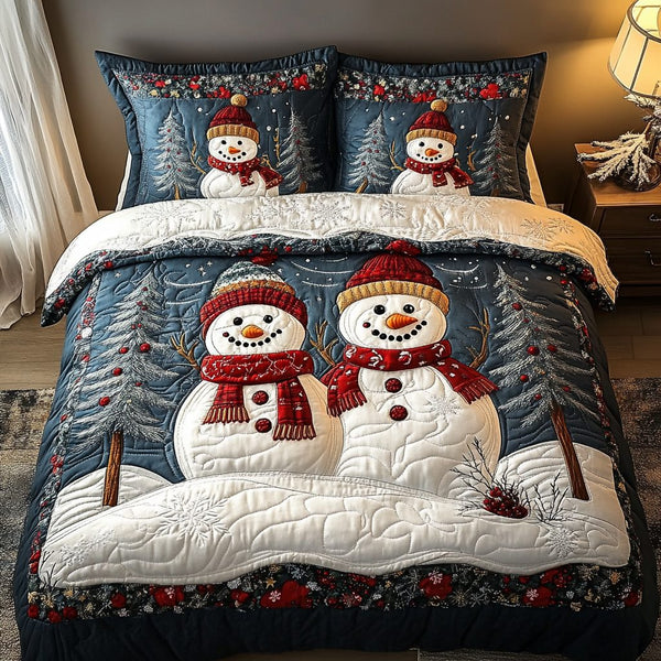 Snowman Joy quilted 3-piece bedding set on a made bed in a winter-styled bedroom