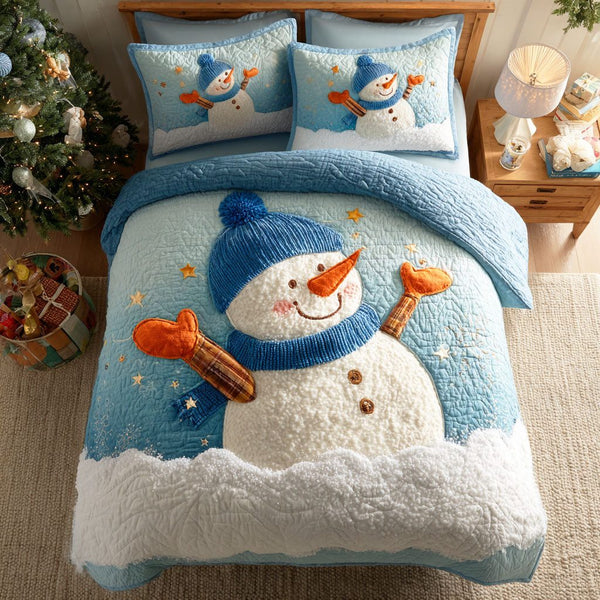 Snowman Joy quilted 3-piece bedding set on a made bed in a winter-styled bedroom