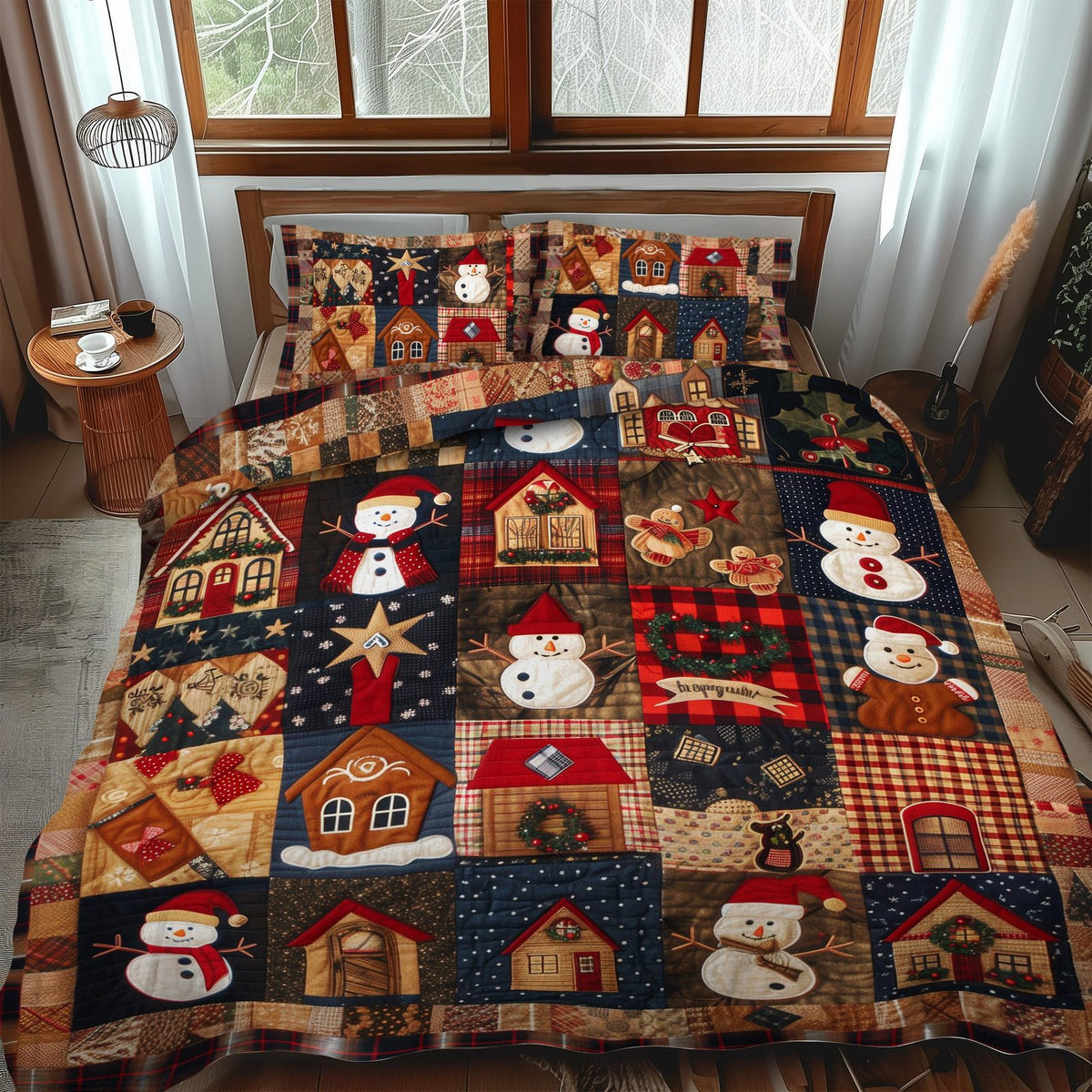 Snowman Jubilee quilted 3-piece bedding set on a made bed in a winter-styled bedroom