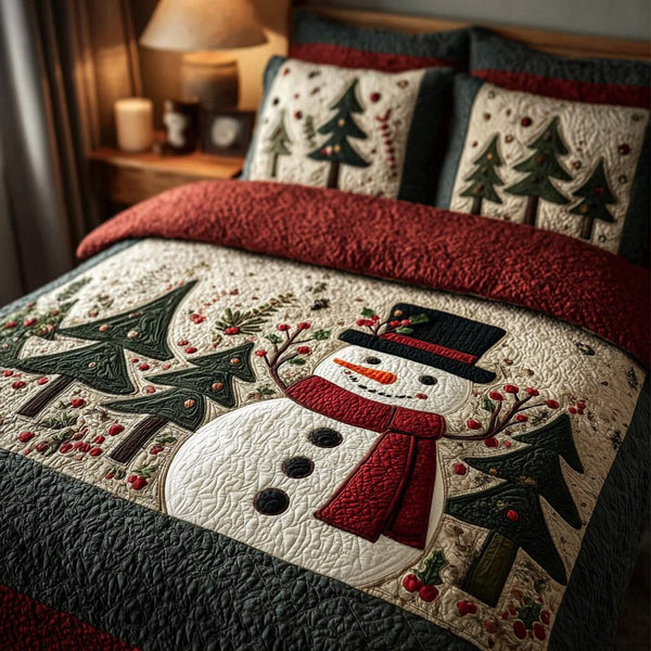 Snowman Magic quilted 3-piece bedding set on a made bed in a winter-styled bedroom