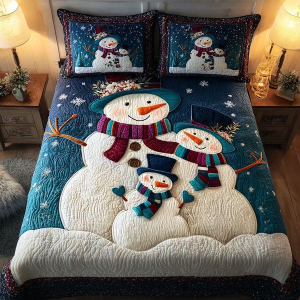 Snowman Magic quilted 3-piece bedding set on a made bed in a winter-styled bedroom