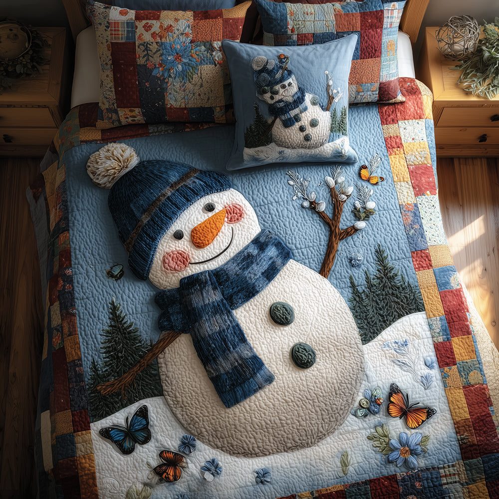 Snowman Magic quilted 3-piece bedding set on a made bed in a winter-styled bedroom