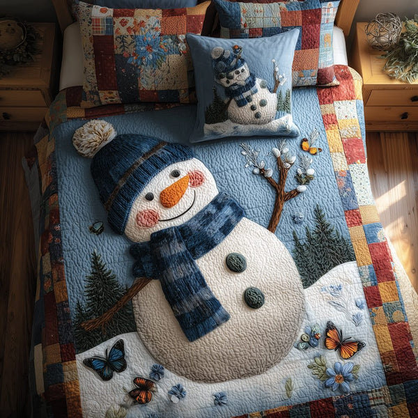 Snowman Magic quilted 3-piece bedding set on a made bed in a winter-styled bedroom