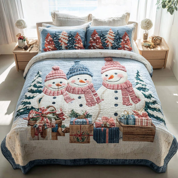 Snowman Merry quilted 3-piece bedding set on a made bed in a winter-styled bedroom
