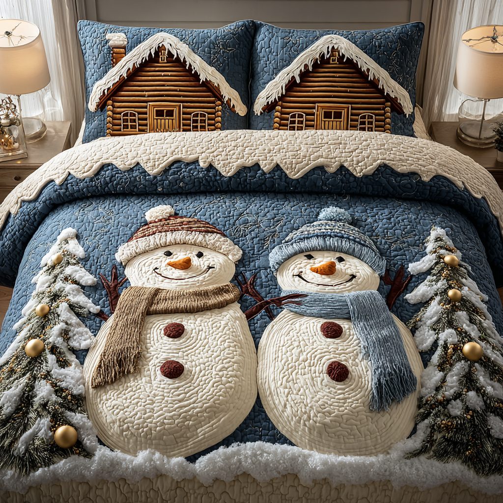 Snowman Moment quilted 3-piece bedding set on a made bed in a winter-styled bedroom
