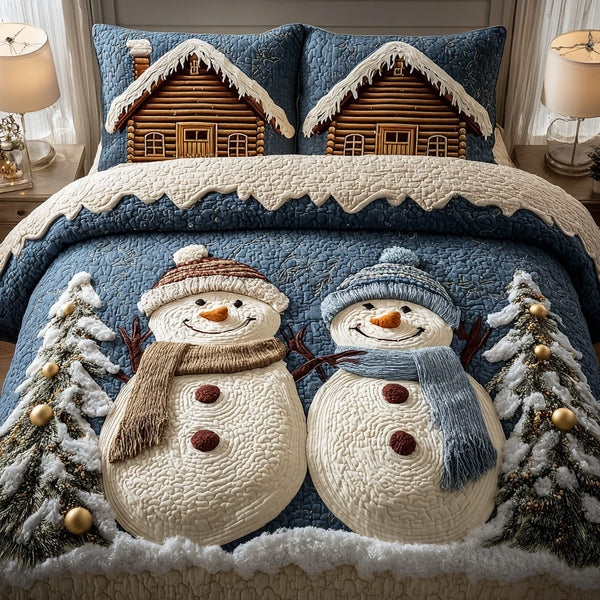 Snowman Moment quilted 3-piece bedding set on a made bed in a winter-styled bedroom