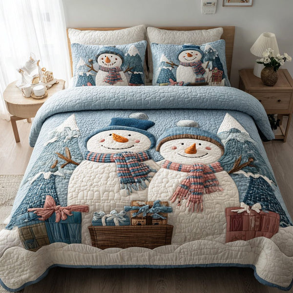 Snowman Mountain quilted 3-piece bedding set on a made bed in a winter-styled bedroom
