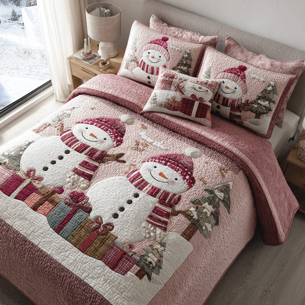 Snowman Pink quilted 3-piece bedding set on a made bed in a winter-styled bedroom