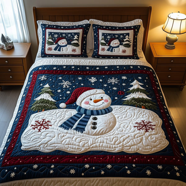 Snowman quilted 3-piece bedding set on a made bed in a winter-styled bedroom