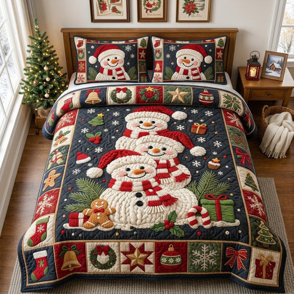 Snowman quilted 3-piece bedding set on a made bed in a winter-styled bedroom