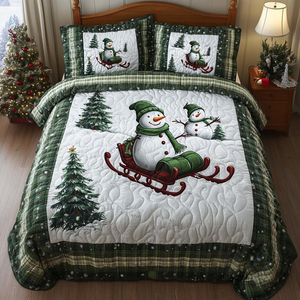 Snowman Ride quilted 3-piece bedding set on a made bed in a winter-styled bedroom