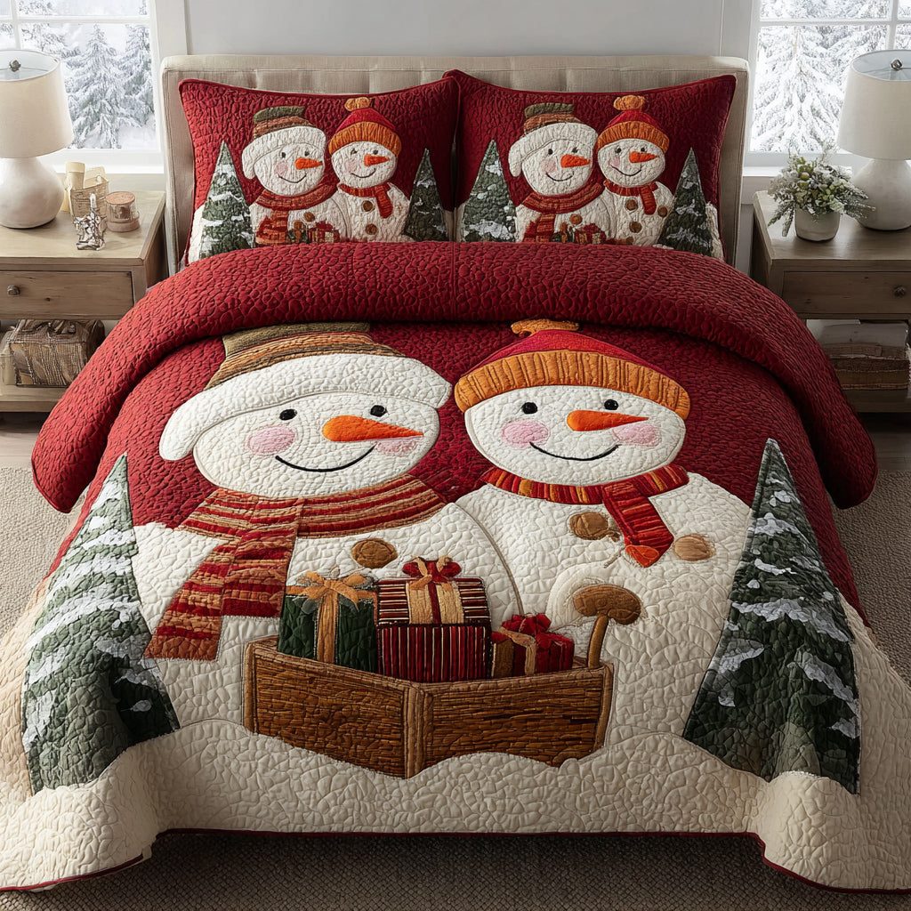 Snowman Rose quilted 3-piece bedding set on a made bed in a winter-styled bedroom