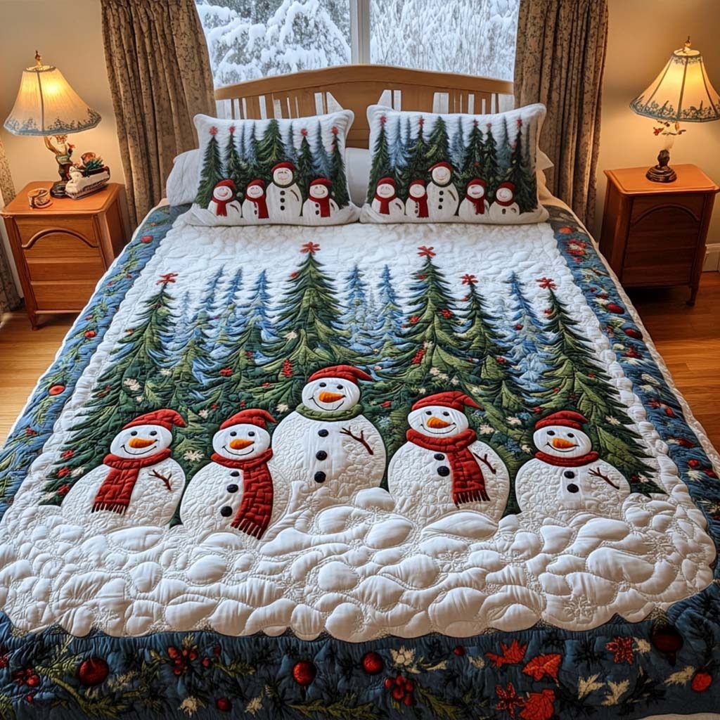 Snowman Serenade quilted 3-piece bedding set on a made bed in a winter-styled bedroom