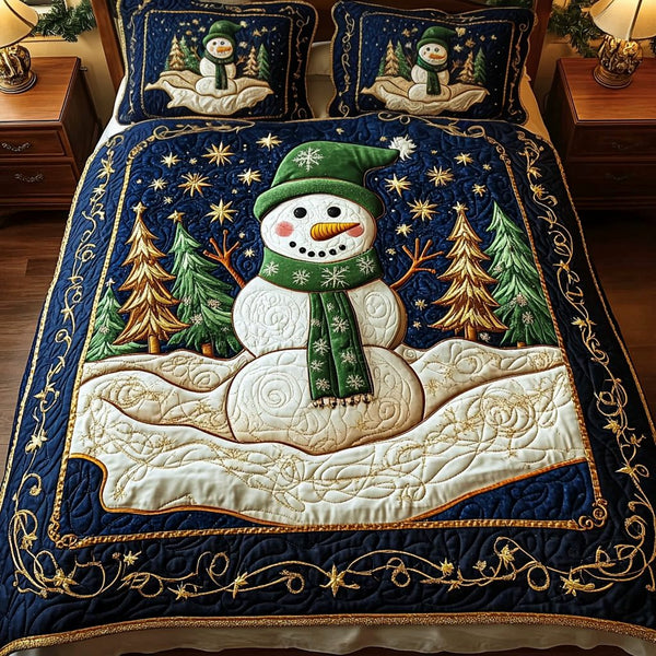 Snowman Serenity quilted 3-piece bedding set on a made bed in a winter-styled bedroom