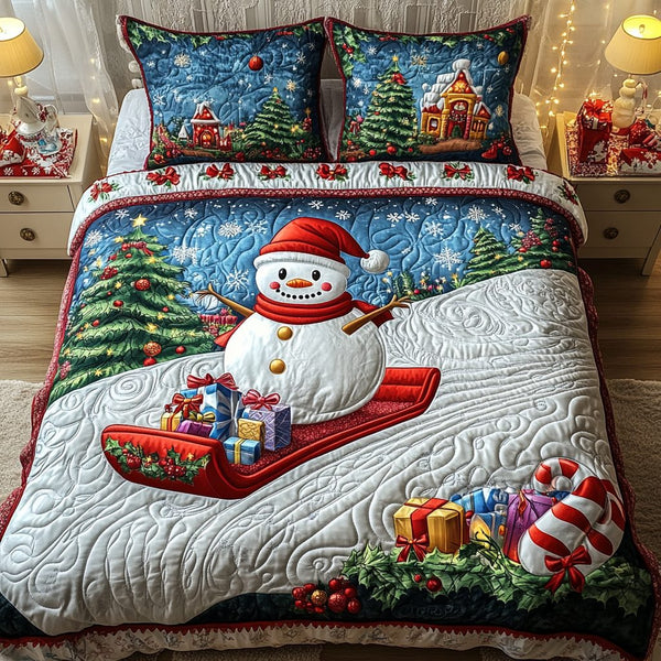 Snowman Sleigh Bliss quilted 3-piece bedding set on a made bed in a winter-styled bedroom