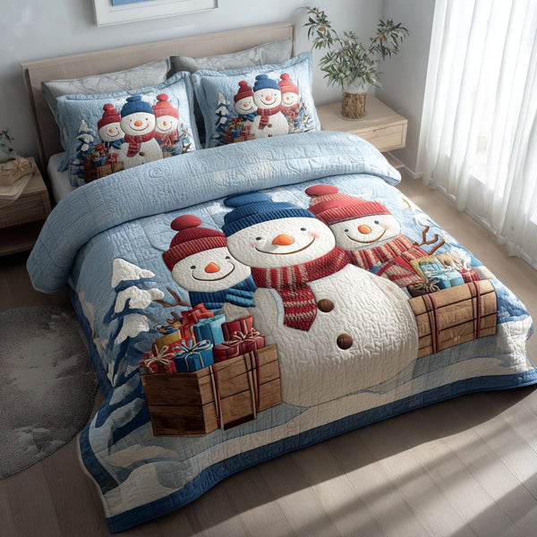 Snowman Sleigh quilted 3-piece bedding set on a made bed in a winter-styled bedroom