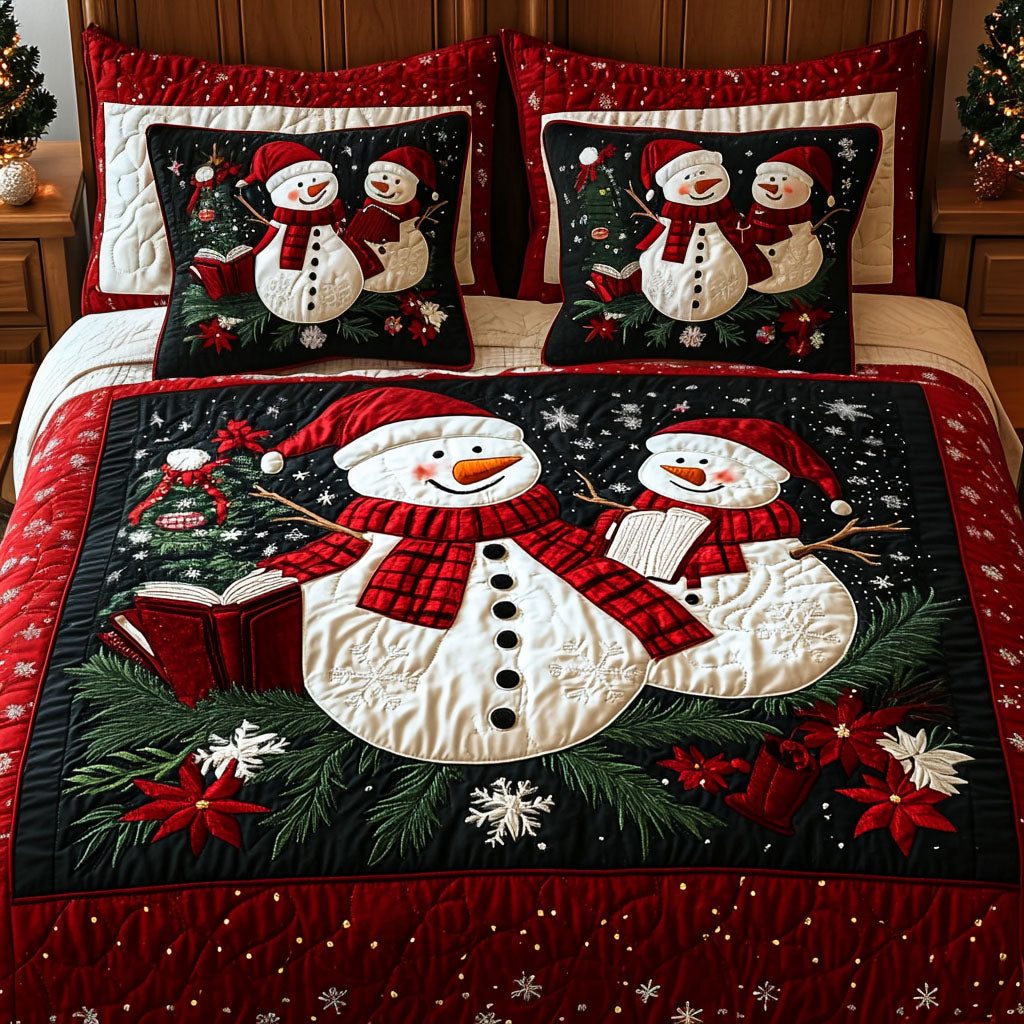 Snowman Sleigh Retreat quilted 3-piece bedding set on a made bed in a winter-styled bedroom
