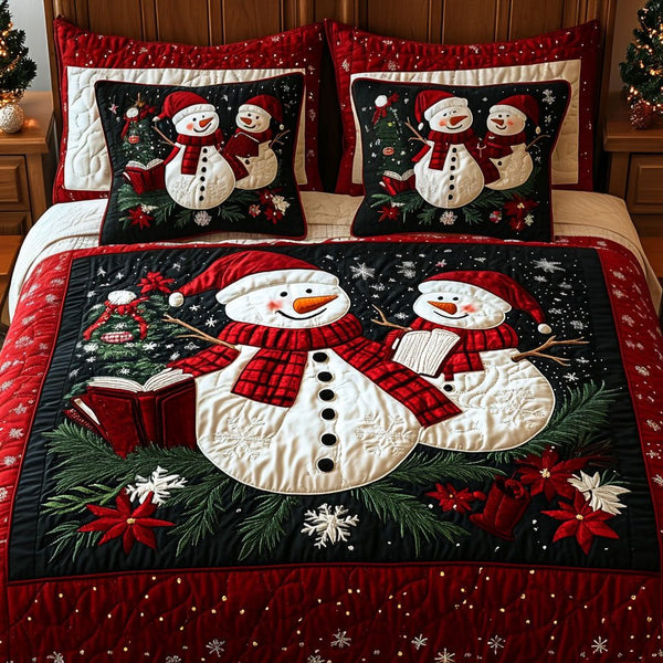 Snowman Sleigh Retreat quilted 3-piece bedding set on a made bed in a winter-styled bedroom