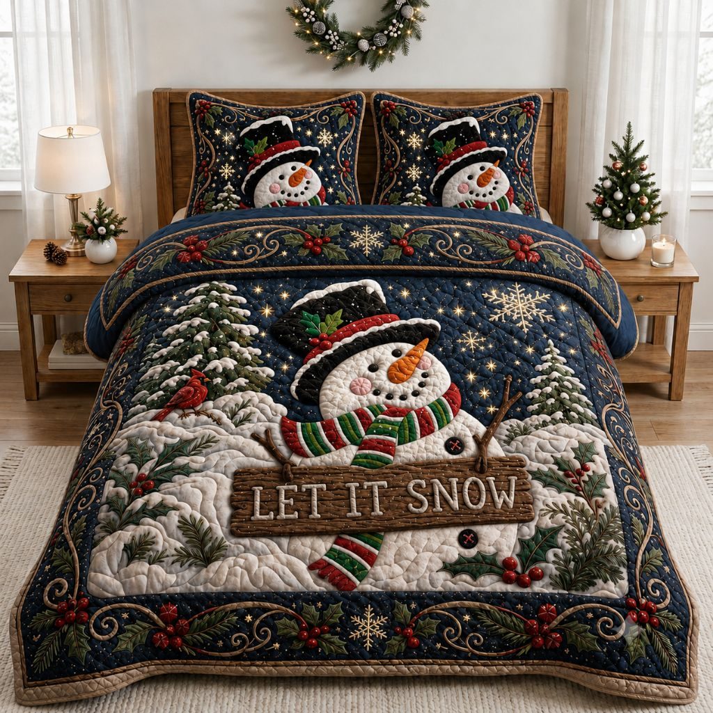 Snowman Snowfall quilted 3-piece bedding set on a made bed in a winter-styled bedroom