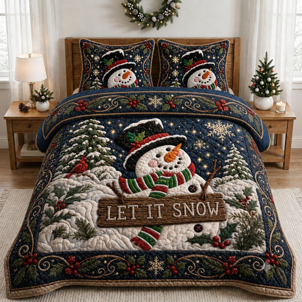 Snowman Snowfall quilted 3-piece bedding set on a made bed in a winter-styled bedroom
