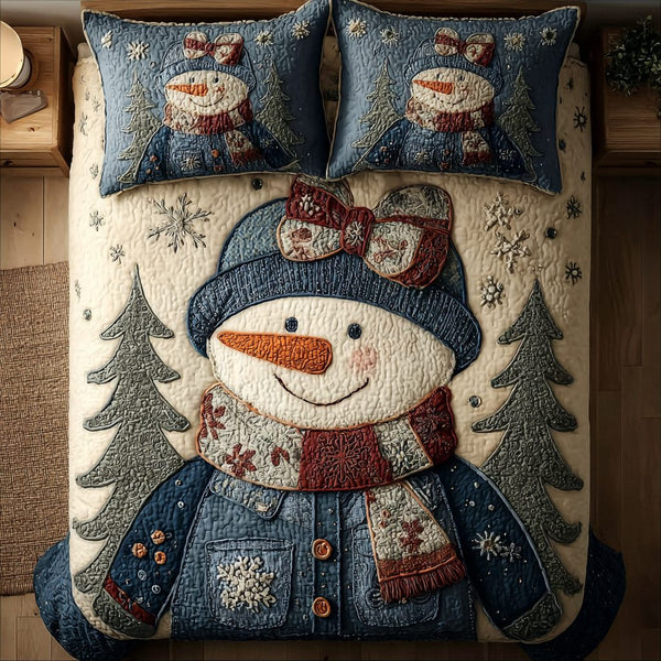 Snowman Spirit quilted 3-piece bedding set on a made bed in a winter-styled bedroom