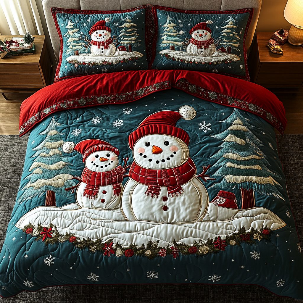 Snowman Spirit quilted 3-piece bedding set on a made bed in a winter-styled bedroom