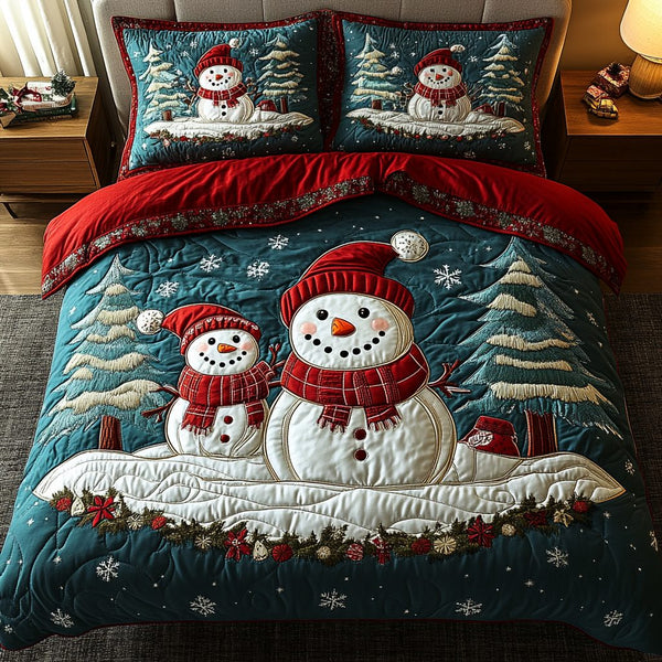 Snowman Spirit quilted 3-piece bedding set on a made bed in a winter-styled bedroom
