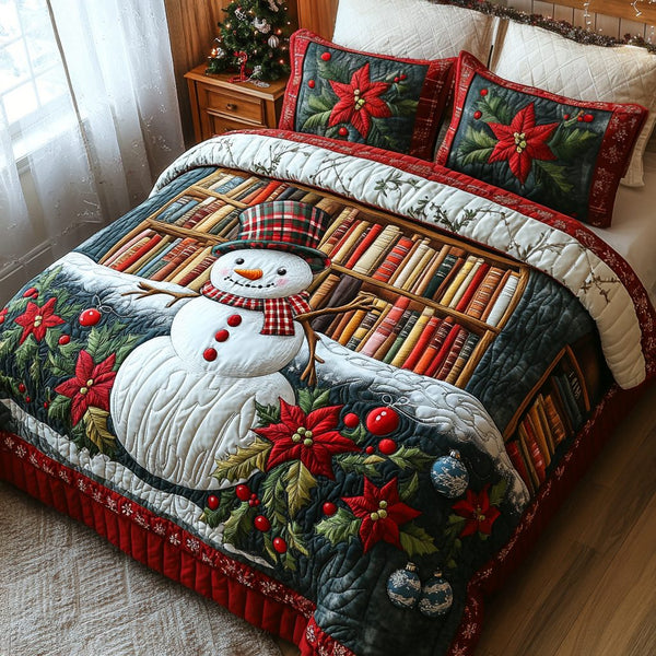 Snowman Tales quilted 3-piece bedding set on a made bed in a winter-styled bedroom