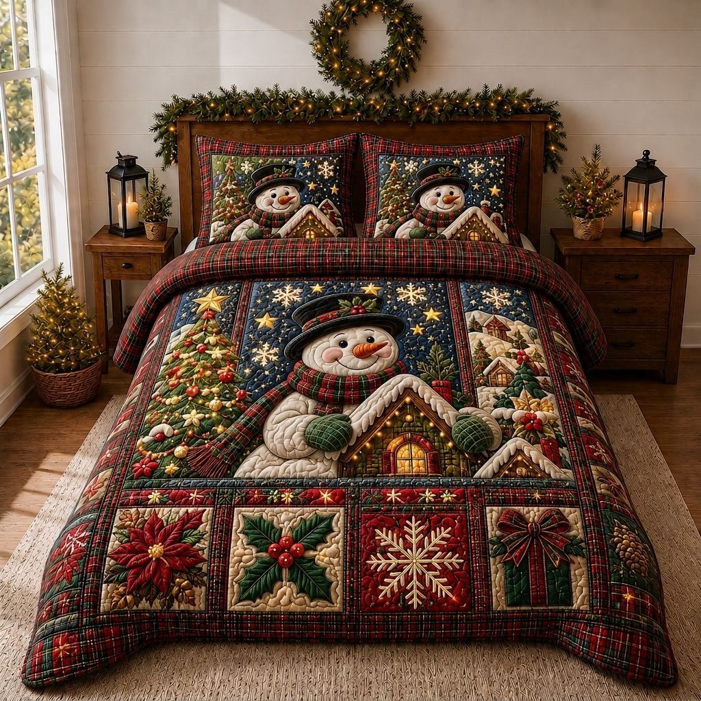 Snowman Village quilted 3-piece bedding set on a made bed in a winter-styled bedroom