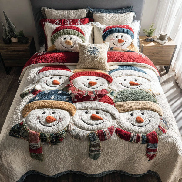 Snowman Village quilted 3-piece bedding set on a made bed in a winter-styled bedroom