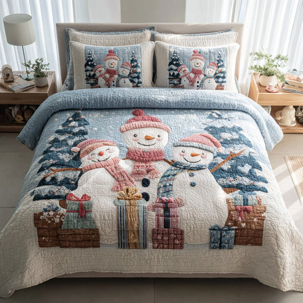 Snowman Winter Fun quilted 3-piece bedding set on a made bed in a winter-styled bedroom