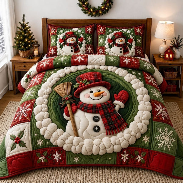 Snowman Winter quilted 3-piece bedding set on a made bed in a winter-styled bedroom