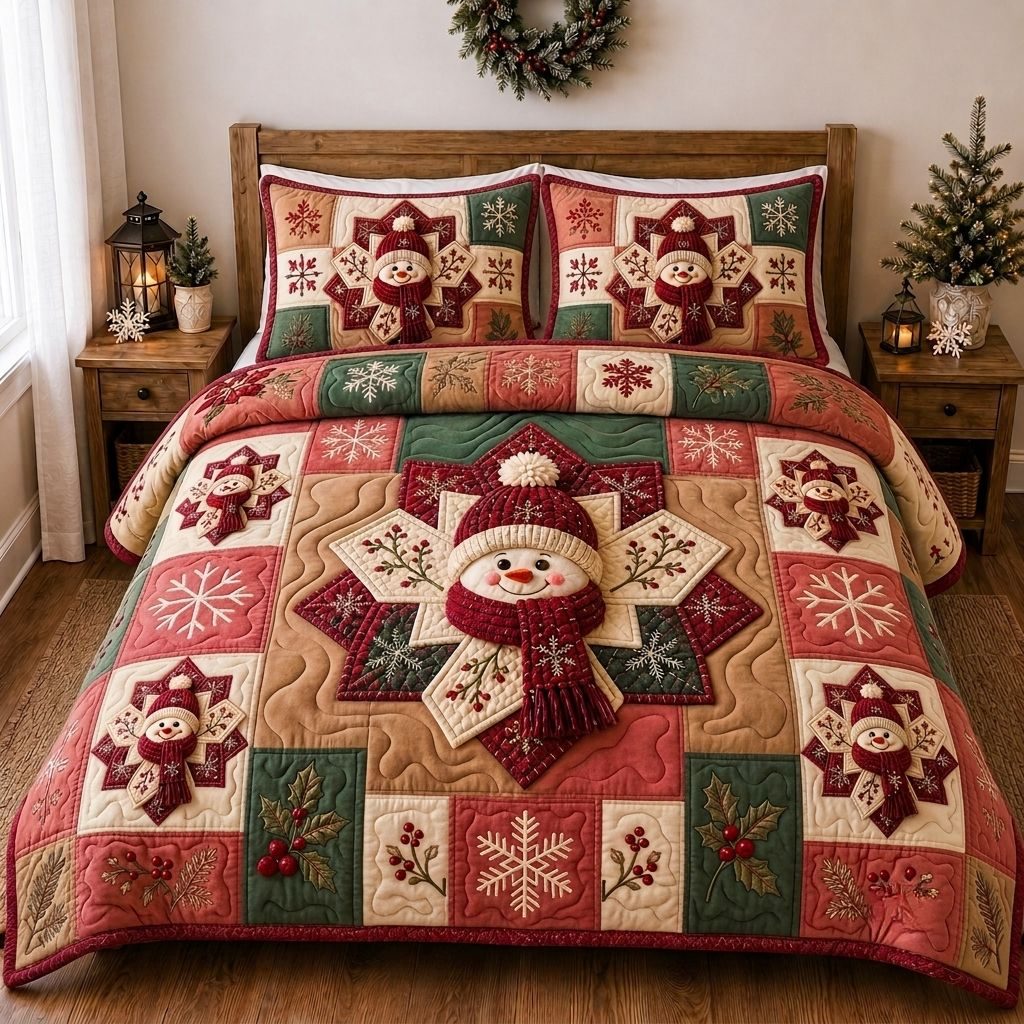 Snowman Winter Wishes quilted 3-piece bedding set on a made bed in a winter-styled bedroom