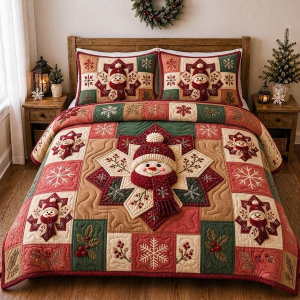 Snowman Winter Wishes quilted 3-piece bedding set on a made bed in a winter-styled bedroom