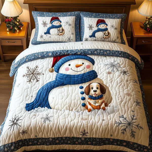 Snowman With Dog quilted 3-piece bedding set on a made bed in a winter-styled bedroom