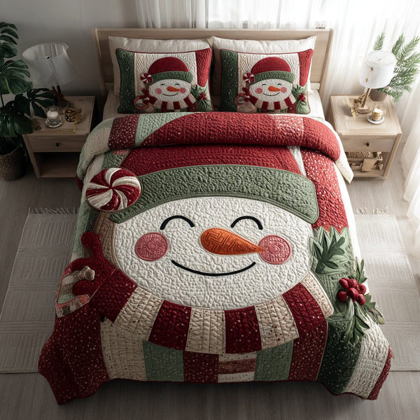 Snowman Wreath quilted 3-piece bedding set on a made bed in a winter-styled bedroom