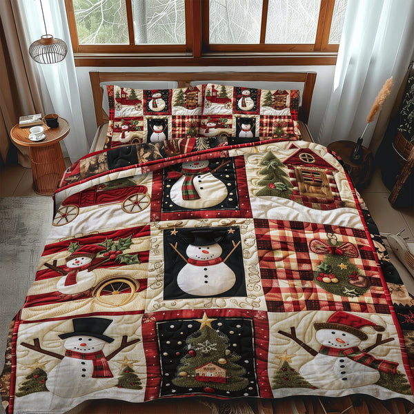 Snowmen Delight quilted 3-piece bedding set on a made bed with two matching pillow shams