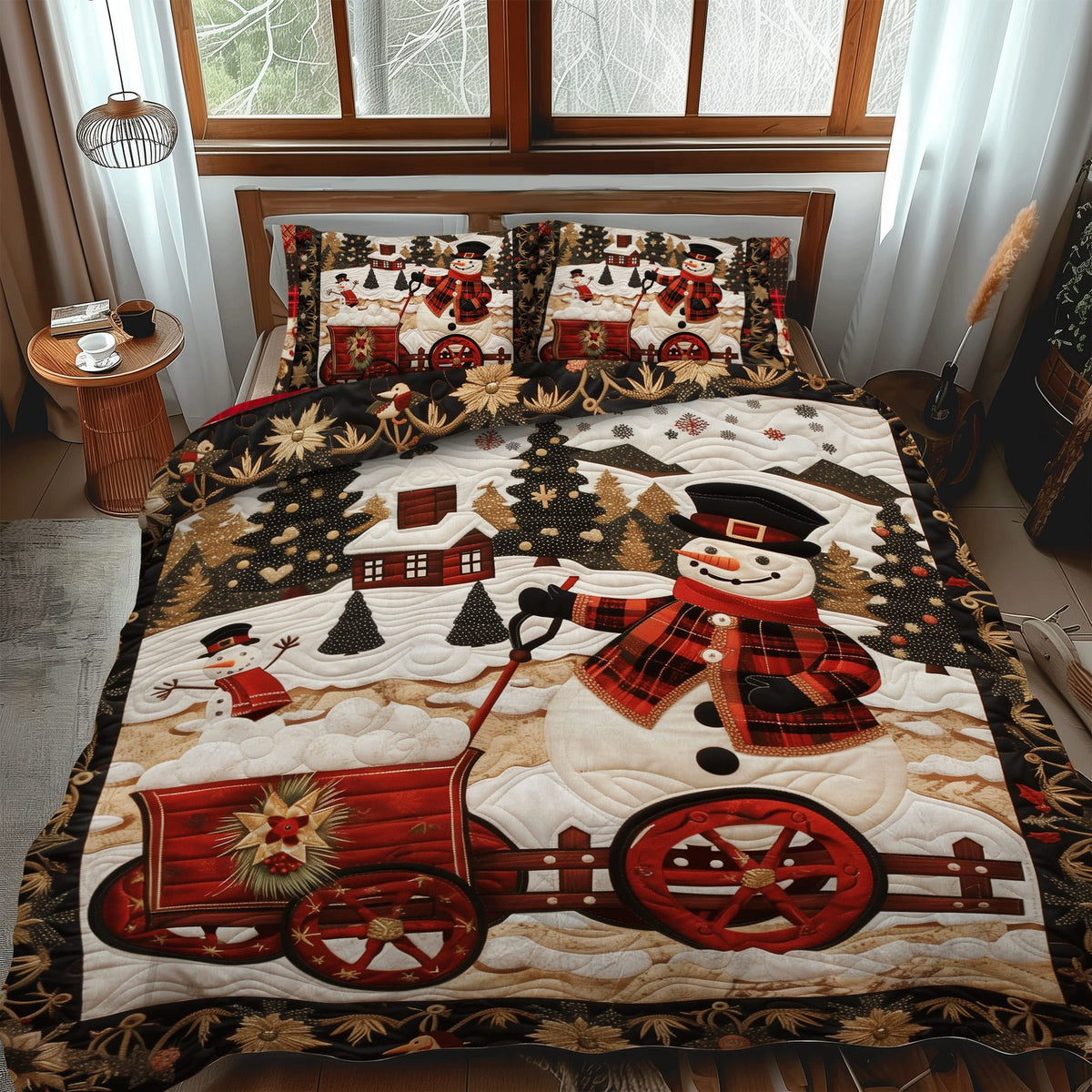 Snowmen Wonderland quilted 3-piece bedding set on a made bed with two matching pillow shams