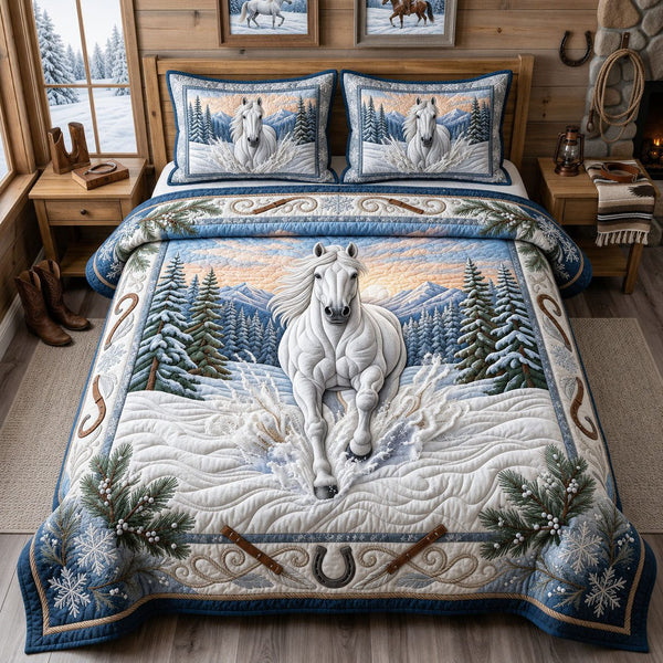 Snowstorm Freedom quilted 3-piece bedding set on a made bed in a warmly lit bedroom