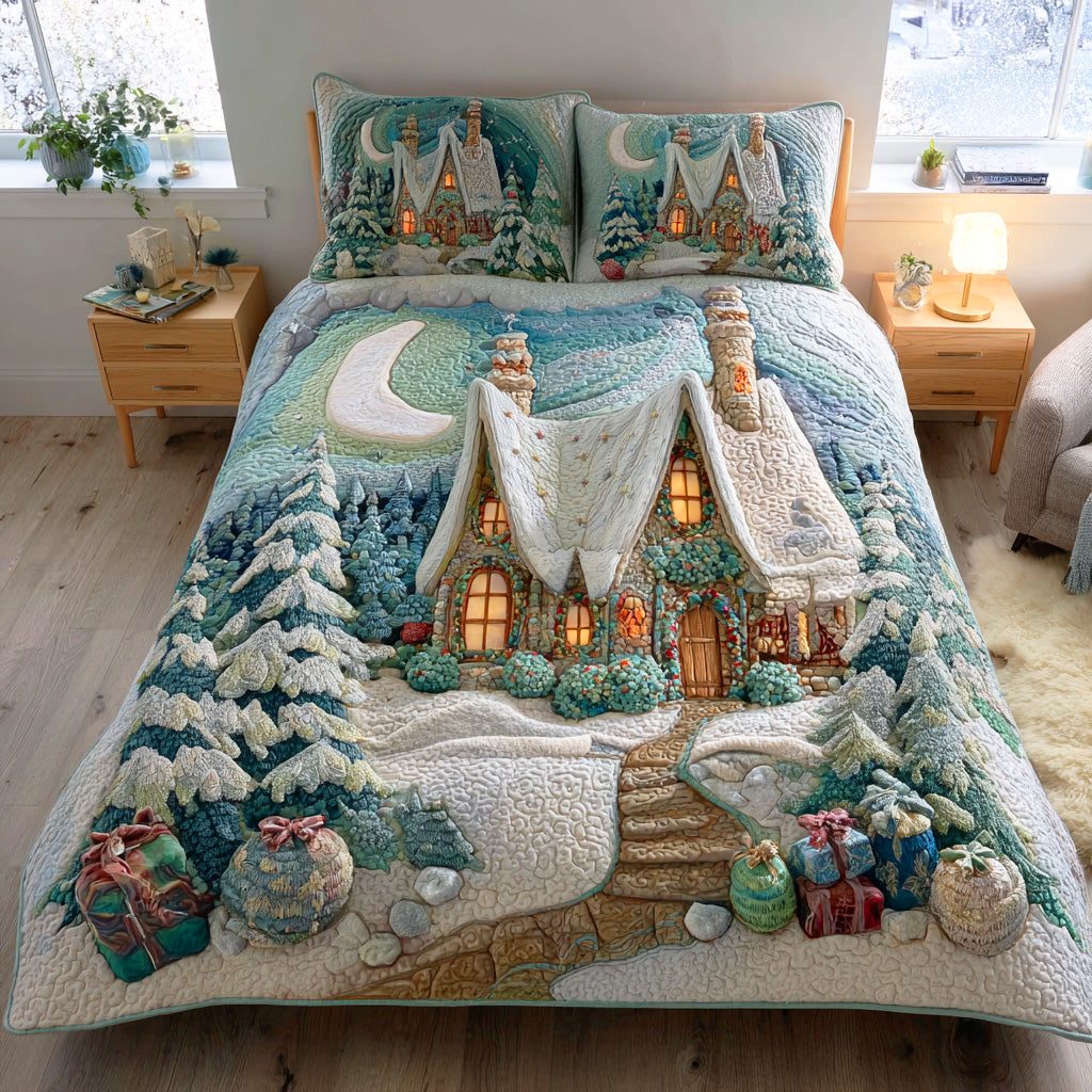 Snowveil Garden quilted 3-piece bedding set on a made bed with two matching pillow shams