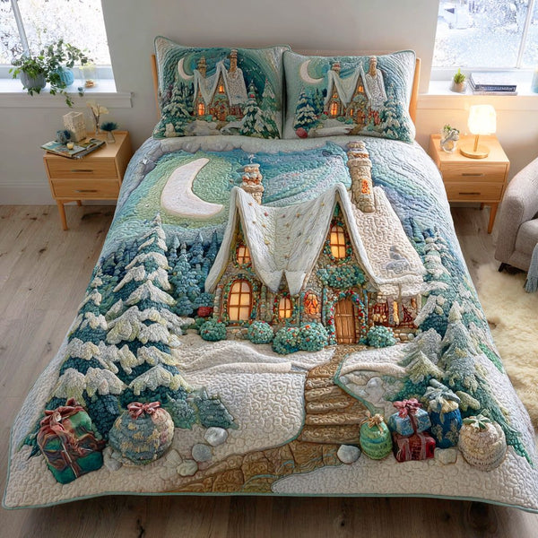 Snowveil Garden quilted 3-piece bedding set on a made bed with two matching pillow shams