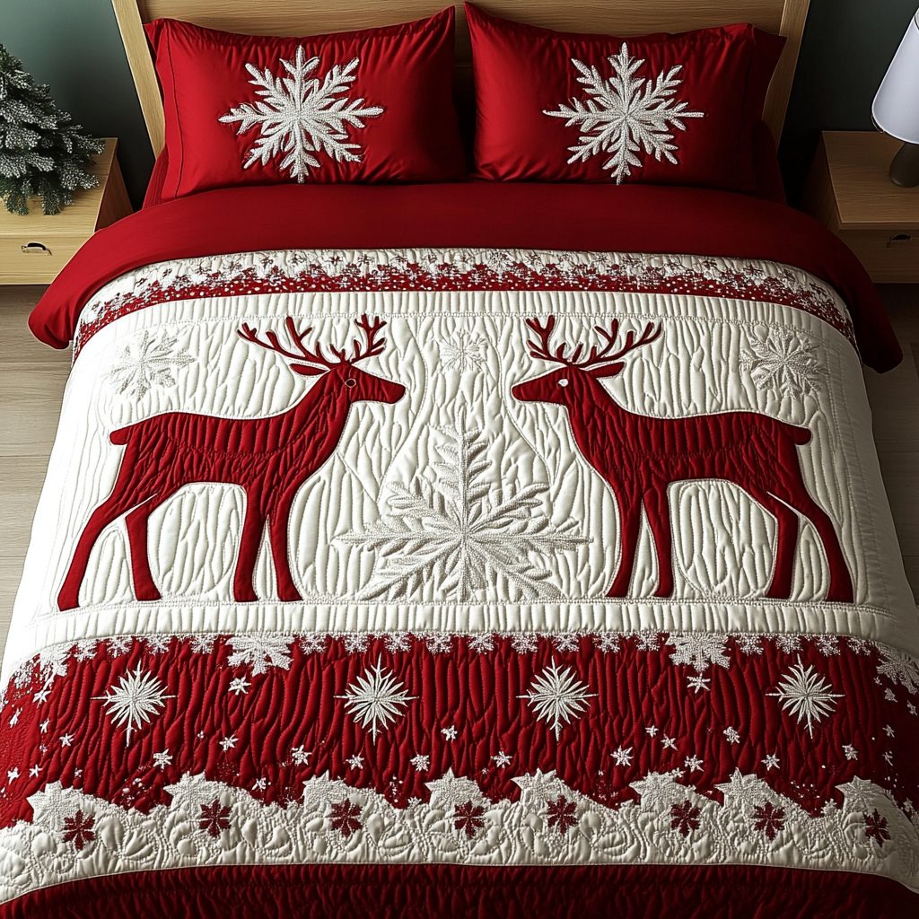 Snowy Antler Magic quilted 3-piece bedding set on a made bed with two matching pillow shams