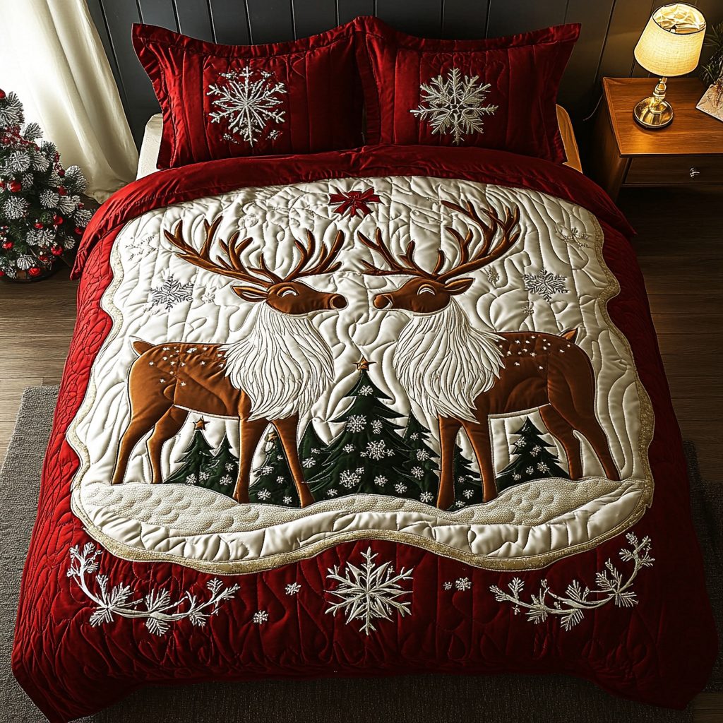 Snowy Antlers quilted 3-piece bedding set on a made bed with two matching pillow shams