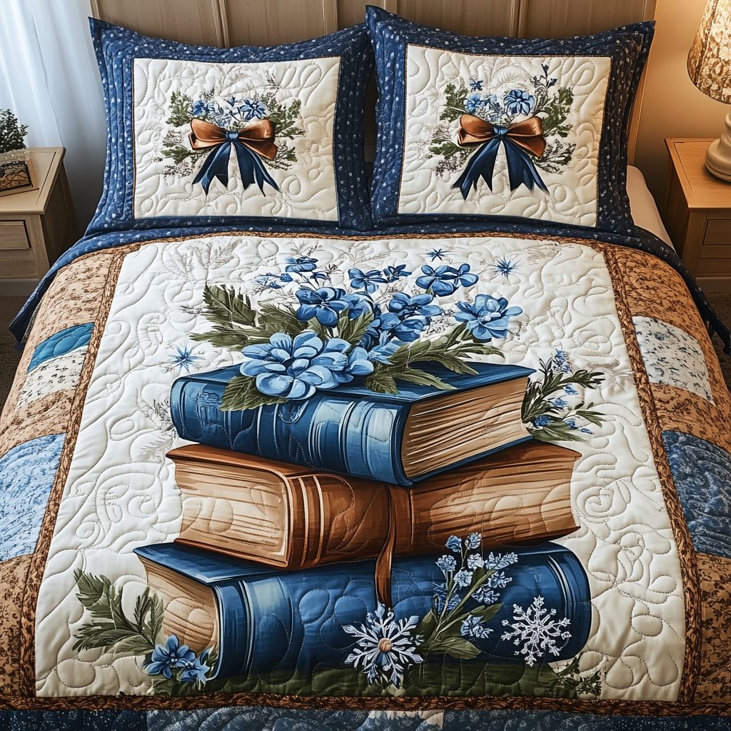 Snowy Book Retreat quilted 3-piece bedding set on a made bed with two matching pillow shams