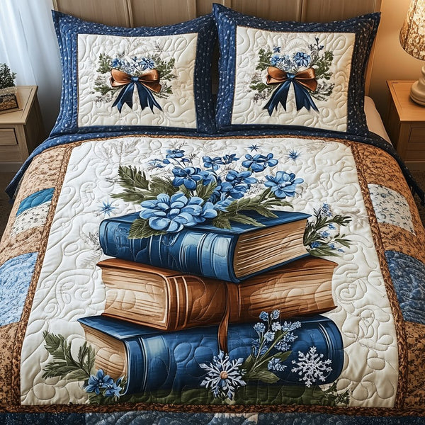 Snowy Book Retreat quilted 3-piece bedding set on a made bed with two matching pillow shams