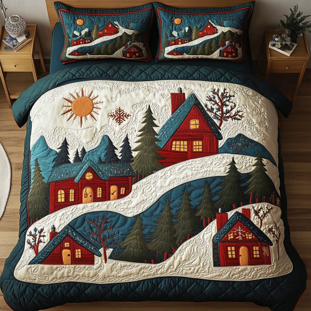Snowy Cabin Bliss quilted 3-piece bedding set on a made bed with two matching pillow shams
