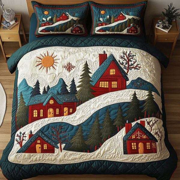 Snowy Cabin Bliss quilted 3-piece bedding set on a made bed with two matching pillow shams