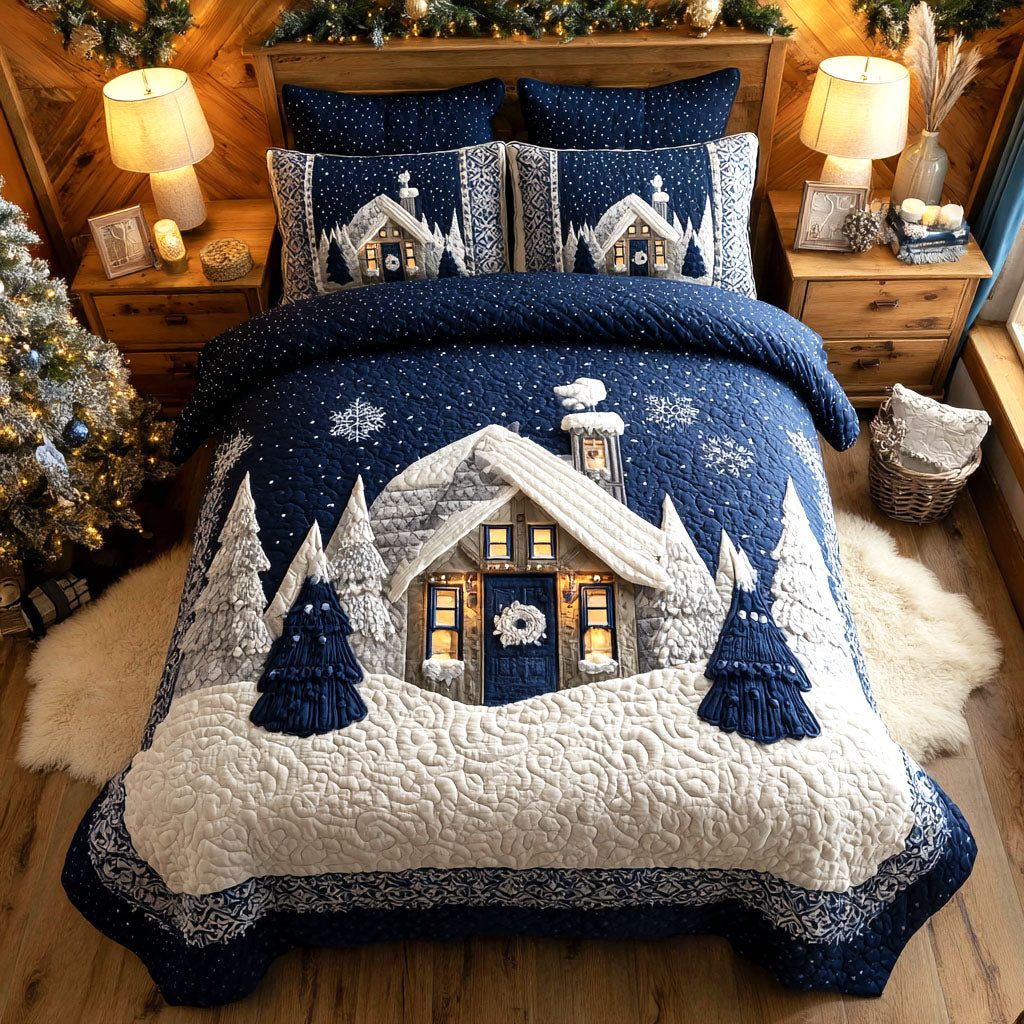 Snowy Cabin Nights quilted 3-piece bedding set on a made bed with two matching pillow shams